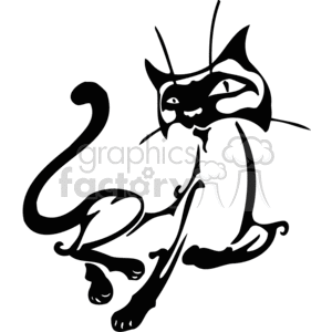 The clipart image features a stylized representation of a Siamese cat. The cat is depicted in a simplistic, black and white design suitable for vinyl readiness or signage applications. The image captures the distinctive features of a Siamese cat such as the large ears, slender body, and almond-shaped eyes.