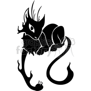 In this clipart image, there is a stylized depiction of a cat. The cat appears to have exaggerated features with a decorative, artistic design. It has a long, elegant tail and stylized fur tufts. The image is monochrome, primarily in black, which suggests that it may be suitable for vinyl signage or similar purposes due to its high contrast and clean lines.