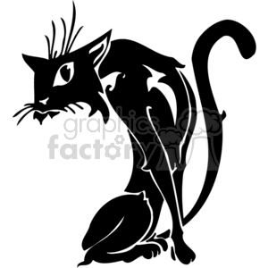 The clipart image features a stylized black silhouette of a cat. The cat appears to be in an arched-back pose commonly associated with fear or aggression, with fur sticking out, which gives it a slightly spooky appearance. This pose and style are often used in Halloween-themed decorations.