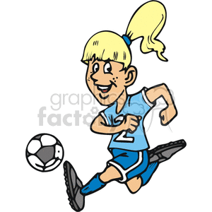 Blonde hair girl playing soccer.