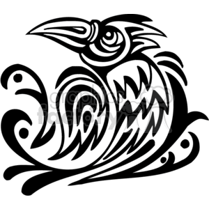 Black and white tribal-style clipart illustration of a stylized bird with intricate patterns and designs.
