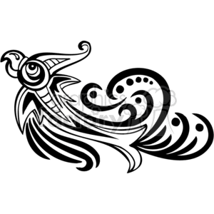 Stylized black and white tribal tattoo design of a bird in flight with intricate patterns and curved lines.