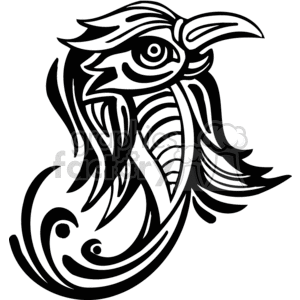 Black and white tribal style clipart illustration of a bird's head with intricate curved and lined patterns.