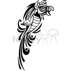 Black and white tribal-style illustration of a parrot with swirling patterns.