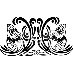 This clipart image features a symmetrical design with two stylized birds surrounded by intricate, curvilinear patterns. The monochromatic black and white image highlights the elegant and decorative nature of the birds and the flourish elements.