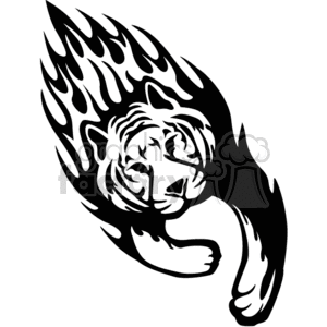 A black and white tribal-style clipart image of a tiger's face and paw, surrounded by flame-like patterns.