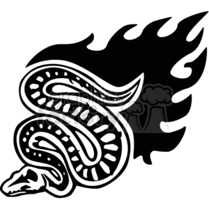 A clipart image featuring a coiled snake with an open jaw and flames in the background.