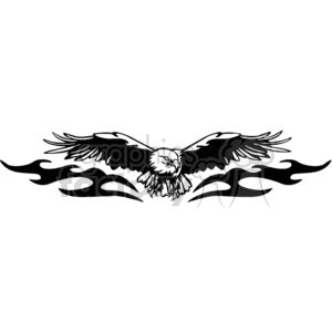 A black and white clipart image depicting an eagle with outstretched wings, flying above flame-like designs.