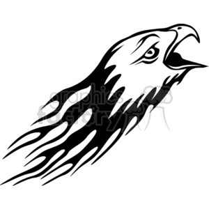 A black and white clipart illustration of a stylized eagle head with flames.