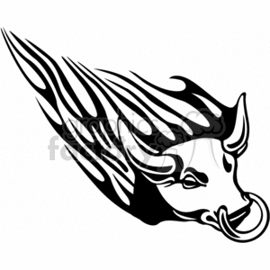A black and white clipart image of a charging bull with flames trailing behind it.