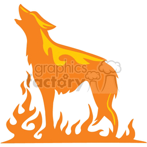 Clipart image of a stylized, orange howling wolf with flames around its legs.