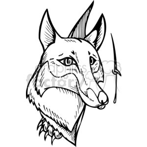 The clipart image depicts a stylized head of a fox. The design is in a black and white line art style, suitable for vinyl cutting, signage, or use as a tattoo template. It features prominent eyes, pointed ears, and detailed fur texture, with a sleek and somewhat abstract appearance that could appeal to people interested in predator-themed artwork.