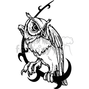 A detailed black and white clipart image of an owl with intricate line work, perched on a branch.