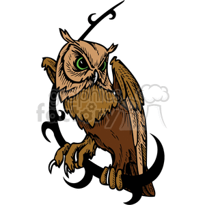 Clipart image of a stylized brown owl with green eyes perched on a curved branch or decorative element.