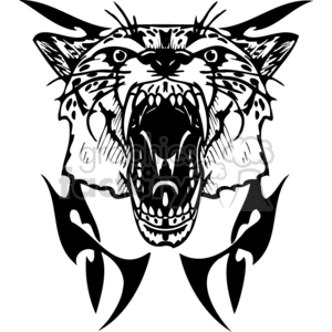 The image is a black and white clipart of a stylized tiger head with an open mouth, displaying its teeth in an aggressive or predatory manner. The design is symmetrical and has tribal tattoo elements to it. It's a graphic suitable for vinyl cutting for signage or for use as a tattoo design.