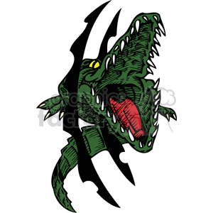 The clipart image features a stylized depiction of an aggressive alligator or crocodile with its mouth open, revealing sharp teeth and a red interior. The animal is green with yellow eyes and has a dynamic, artistic design with bold black outlines, making it suitable for vinyl cutting, tattoos, or signage.