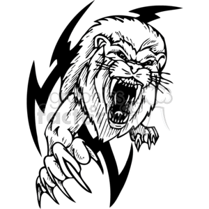 This clipart image features a stylized, fierce depiction of a roaring lion with prominent claws, suggesting an attacking pose. The design is bold and uses strong black-and-white contrast, suitable for vinyl cutting and tattoo designs.