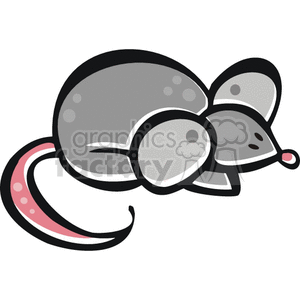 The image is a stylized clipart representation of a mouse. It features a mouse from a side view, with large round ears, a long, curving tail with a pink underside, and a whiskered nose. The mouse is colored in shades of grey with white accents and dark outlines, giving it a cartoon-like appearance.