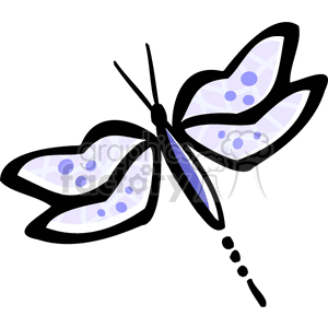 The image is a drawing of a dragonfly with thin, delicate wings and a long body. It has blue spots on its wings, and a blue main body