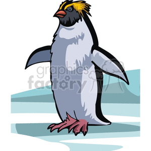 The image shows a rockhopper penguin standing upright facing you. The penguin has a round, fluffy body, two small wings that are outstretched, a short beak, and its wings are slightly raised.