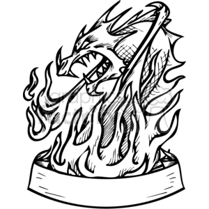 This clipart image features a stylized black-and-white illustration of a fierce dragon emerging from flames. The dragon's mouth is open, suggesting it is either roaring or breathing fire. The flames swirl around the dragon, and there is an unfurled blank scroll or banner at the base of the fire, possibly for adding text.