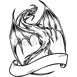 This clipart image depicts a stylized dragon with wings outstretched, entwined with a scroll or banner suitable for text. The dragon is designed in a bold, black outline that is conducive to vinyl cutter usage. This style of image is particularly popular for decals, T-shirt designs, and other forms of merchandise.