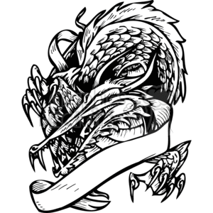 The image depicts a stylized, intricately detailed dragon wrapped around a blank banner or scroll. The dragon's head is prominent at the top with its mouth open, showing sharp teeth and an extended tongue. The dragon's scales, wings, and claws are also intricately detailed. The banner scroll curls around the dragon's body and extends towards the bottom of the image, providing space for text or additional design elements.