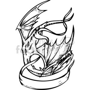 The image is a black and white clipart featuring a stylized dragon wrapped around an unfurled scroll or banner. The dragon's wings, scales, and facial features are detailed, giving it a fierce and decorative appearance. Its body curls around the scroll, which is left blank and could be used for customization with text or images. The style appears to be designed for vinyl cutting, suitable for applications such as decals, stickers, or signs.
