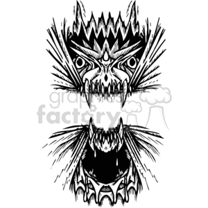 The image is a black and white clipart featuring a symmetrical design of two mirrored dragons facing each other. They have fierce expressions, with prominent eyes, sharp teeth, and elaborately detailed scales and frills. The dragons are designed in such a way that their necks and heads form a space in the middle that could resemble a banner or a scroll where text or additional graphic elements could be inserted. The style is bold and graphic, making it suitable for vinyl cutting or similar applications where high-contrast designs are required.