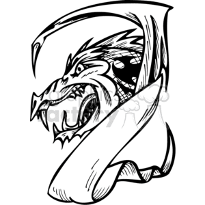 The image represents a stylized, black and white clipart illustration of a dragon intertwined with a banner scroll. The dragon is shown in a fierce pose with its mouth open, revealing sharp teeth and roaring. The banner scroll wraps around the dragon in a way that would allow for text or a message to be placed on it.