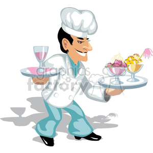 Waiter carrying trays of ice cream and drinks