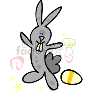 A Grey Bunny Rabbit with a Yellow Stripped Easter Egg