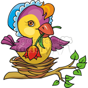 A colorful Easter chick wearing a blue bonnet, sitting in a nest on a tree branch, holding a red flower.