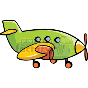 The clipart image depicts a cartoon-style green childrens airplane toy, with yellow wings