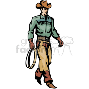 A Wild West Cowboy in a Green Shirt and Brown Chaps Holding a Rope