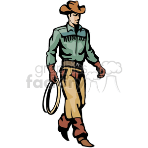 Clipart image of a cowboy wearing a green shirt, hat, and leather accessories, walking with a rope in hand.