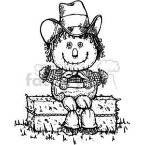 This clipart image shows a black and white vector illustration of a scarecrow, a traditional decoration used during the Halloween season or in farm country. The scarecrow is made of hay and has a rustic appearance with its floppy hat, tattered shirt and baggy pants. It is standing in a field with a fence and trees in the background.

