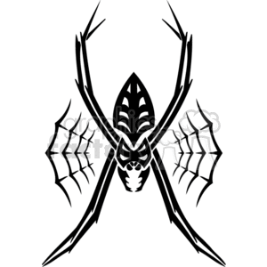The image depicts a stylized, symmetrical design of a spider in a bold black and white contrast, suitable for vinyl cutting purposes. The spider has an ornate body with what appears to be a mask-like pattern on its back, and it is flanked on either side by partial spider webs. The image is designed to be easily transferrable to vinyl for various uses, such as decorations, especially themed around Halloween for that spooky effect.