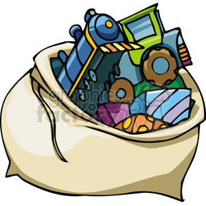 A festive clipart image depicting a sack filled with colorful toys and gifts, symbolizing Christmas and holiday celebrations.