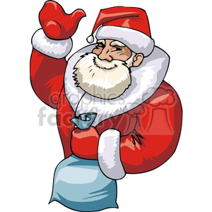 Festive clipart of Santa Claus holding a gift bag, waving in his classic red suit.