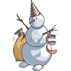 A cheerful snowman wearing a party hat with a gift bag and festive streamers.