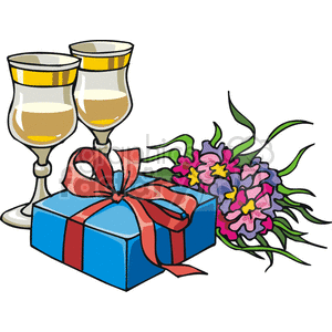 A festive clipart image featuring two glasses of wine, a wrapped gift with a red ribbon, and a colorful bouquet of flowers.