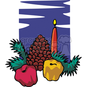 A festive clipart image featuring a red candle, a pine cone, green pine needles, and colorful fruits.