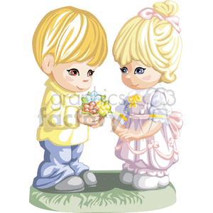 Little Boy Holding Flowers and Girl in Pink Standing Together 