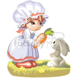 A Little Girl Wearing a White Dress Giving a Rabbit a Carrot