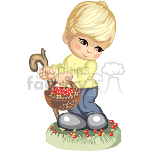 A boy with a walking stick and a basket of berries
