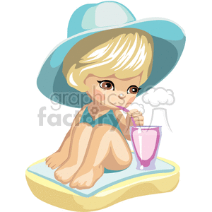 A girl sunbathing wearing a tuquoise hat and bathing suit sipping a drink