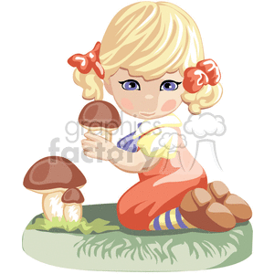 Little Blonde Girl kneeling Down holding a Mushroom