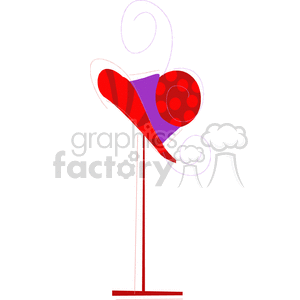 Clipart image of a whimsical, abstract hat in red, purple, and polka dots, featuring spirals and a stand.