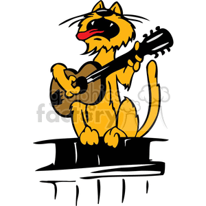 Image of a cat sitting on a fence playing a guitar 
